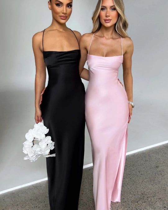 Ärmelloses, sexy, rückenfreies Kleid aus hochwertigem Satin mit Schnürung
