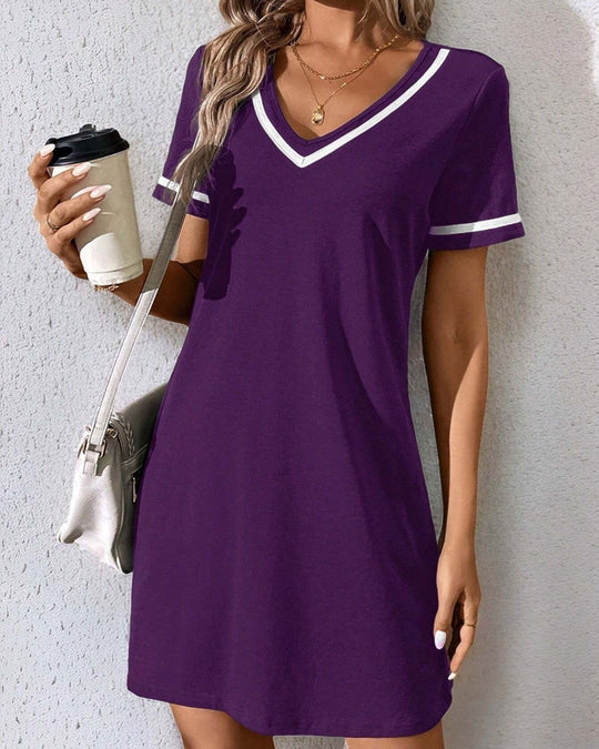 Damenkleid Schwarzes V-Ausschnitt Lässiges Kurzarmkleid