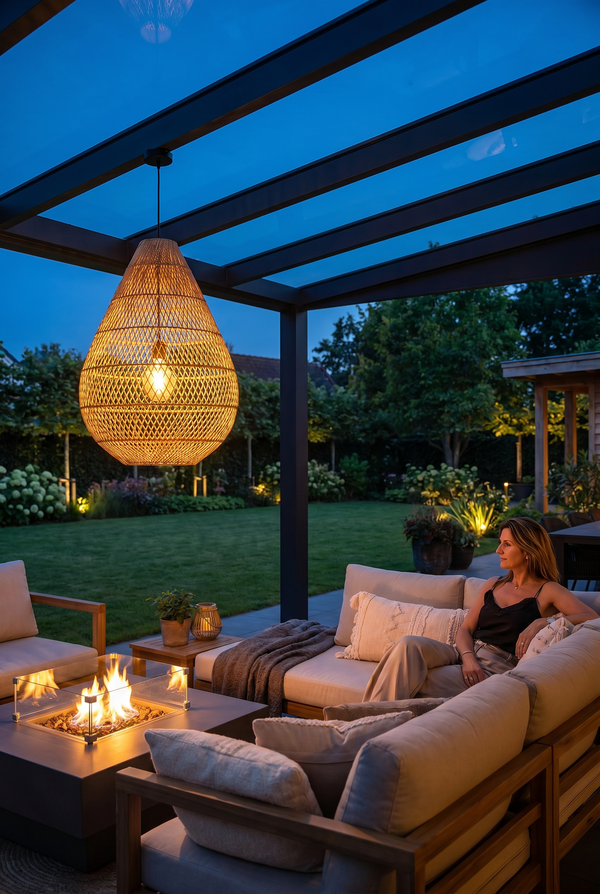 A handwoven rattan pendant that works as well outdoors as it does in. Durable natural material, warm light output, and a shape that fits any modern patio or covered terrace.