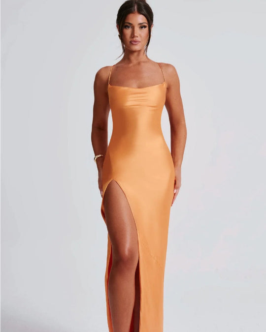 Ärmelloses, sexy, rückenfreies Kleid aus hochwertigem Satin mit Schnürung