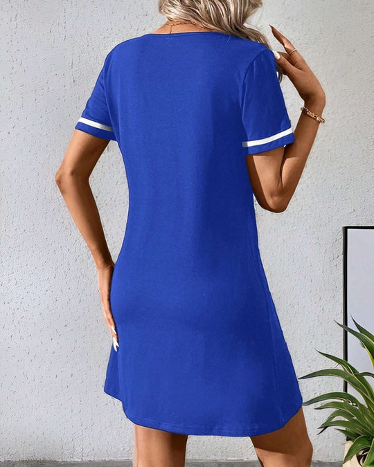 Damenkleid Schwarzes V-Ausschnitt Lässiges Kurzarmkleid