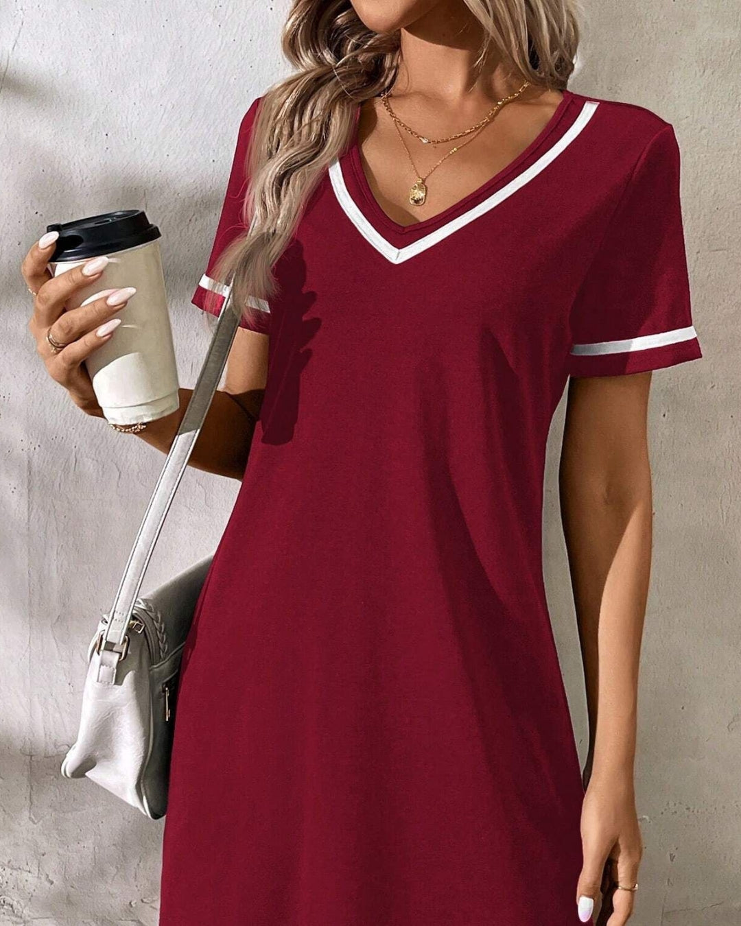 Damenkleid Schwarzes V-Ausschnitt Lässiges Kurzarmkleid