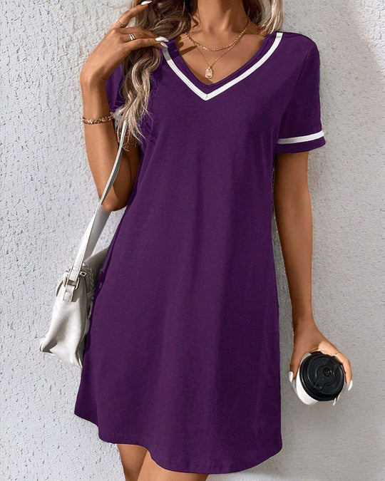 Damenkleid Schwarzes V-Ausschnitt Lässiges Kurzarmkleid