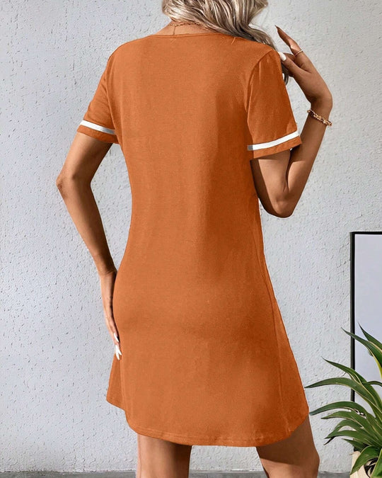 Damenkleid Schwarzes V-Ausschnitt Lässiges Kurzarmkleid